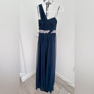 Navy Blue Bejeweled Embellished Waist One-Shoulder Chiffon Flowy Long Dress
